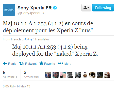 Sony xperia France tweets about Jelly Bean Android 4.1.2 10.1.1.A.1.253 firmware
