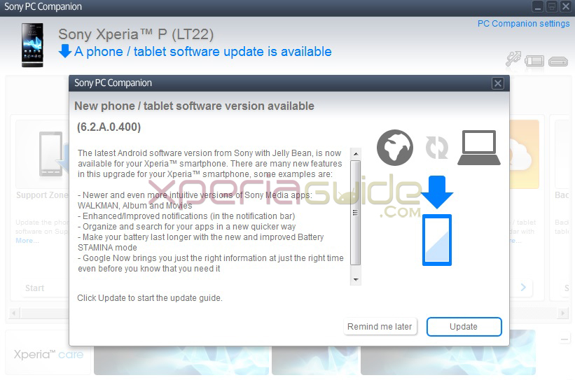 UPDATE Notification for XPERIA P LT22I TO ANDROID 4.1.2 JELLY BEAN 6.2.A.0.400 FIRMWARE VIA PC COMPANION