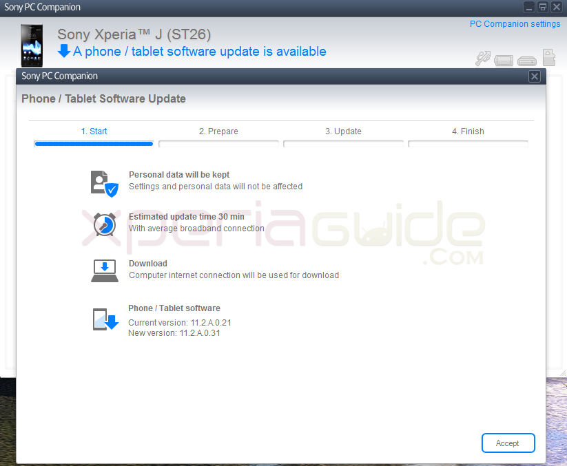 Update Xperia J ST26i Jelly Bean 11.2.A.0.31 firmware via PC Companion