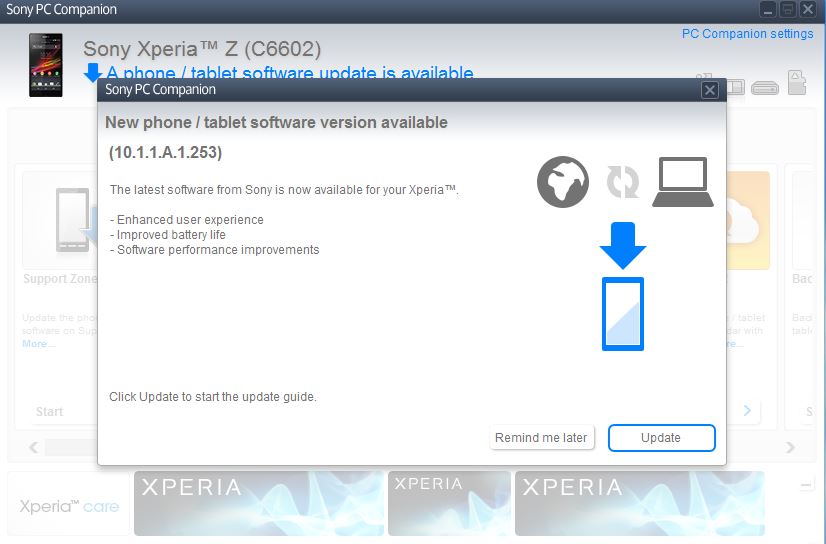 Update Xperia Z C6602 on Jelly Bean 10.1.1.A.1.253 firmware via PC Companion