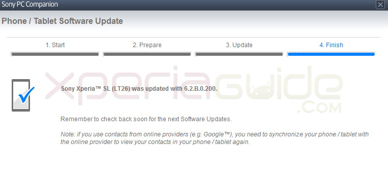 Updating Xperia SL LT26ii to Android 4.1.2 Jelly Bean 6.2.B.0.200 firmware via PC Companion screenshot