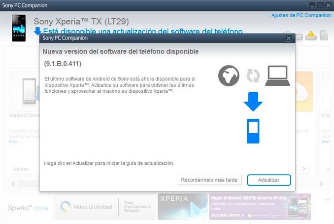 Updating Xperia TX LT29i 9.1.B.0.411 firmware via PC Companion