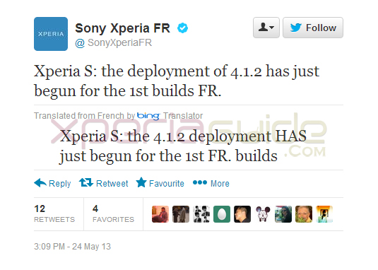 Xperia France Tweeted Xperia S Android 4.1.2 Jelly Bean Rolling out