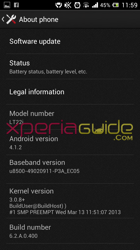 Xperia P LT22i Android 4.1.2 Jelly Bean 6.2.A.0.400 firmware Details