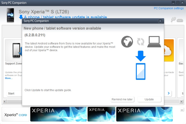 Xperia S LT26i to Android 4.1.2 Jelly Bean 6.2.B.0.211 firmware update via PC Companion software